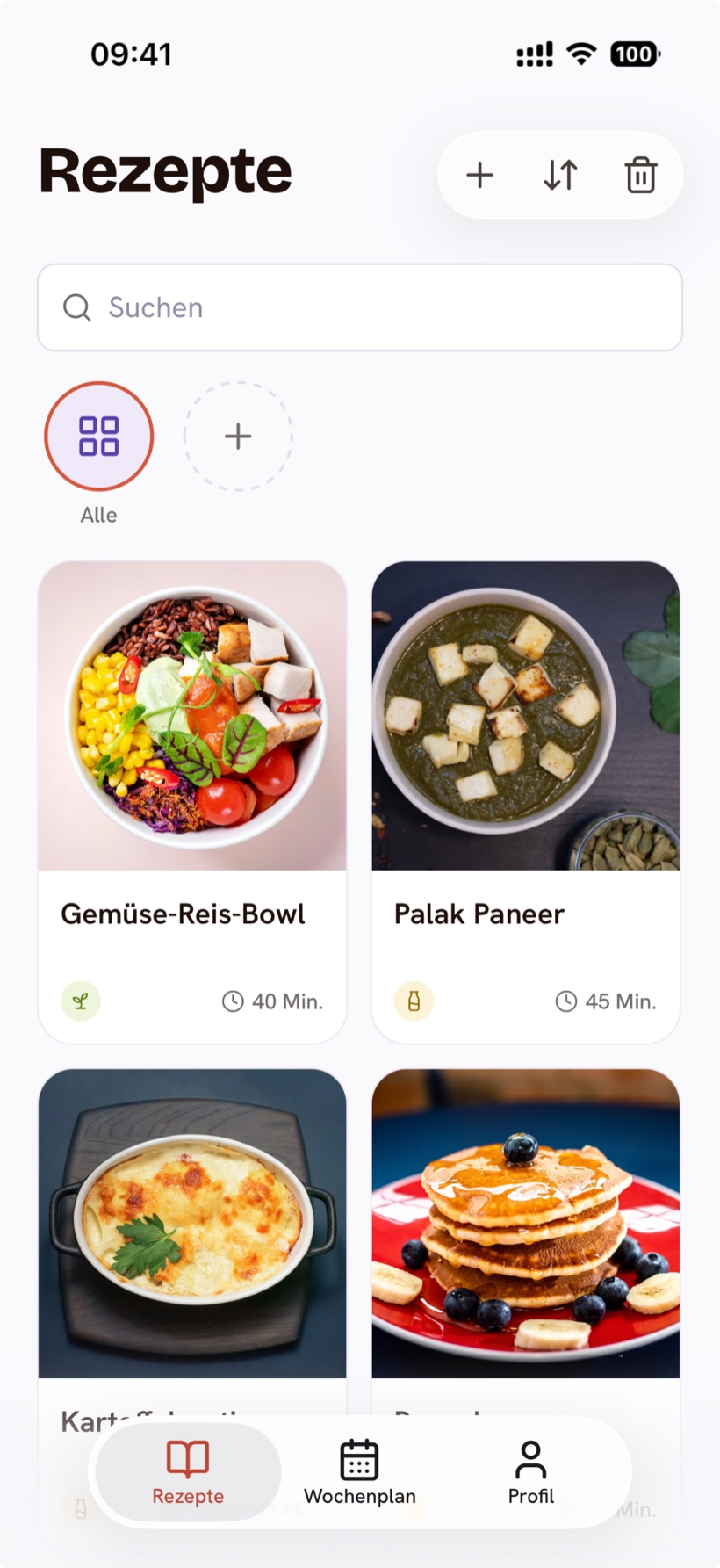 alimonia App: die Rezepte-Ansicht mit Rezeptkacheln, Ordnern und Suche