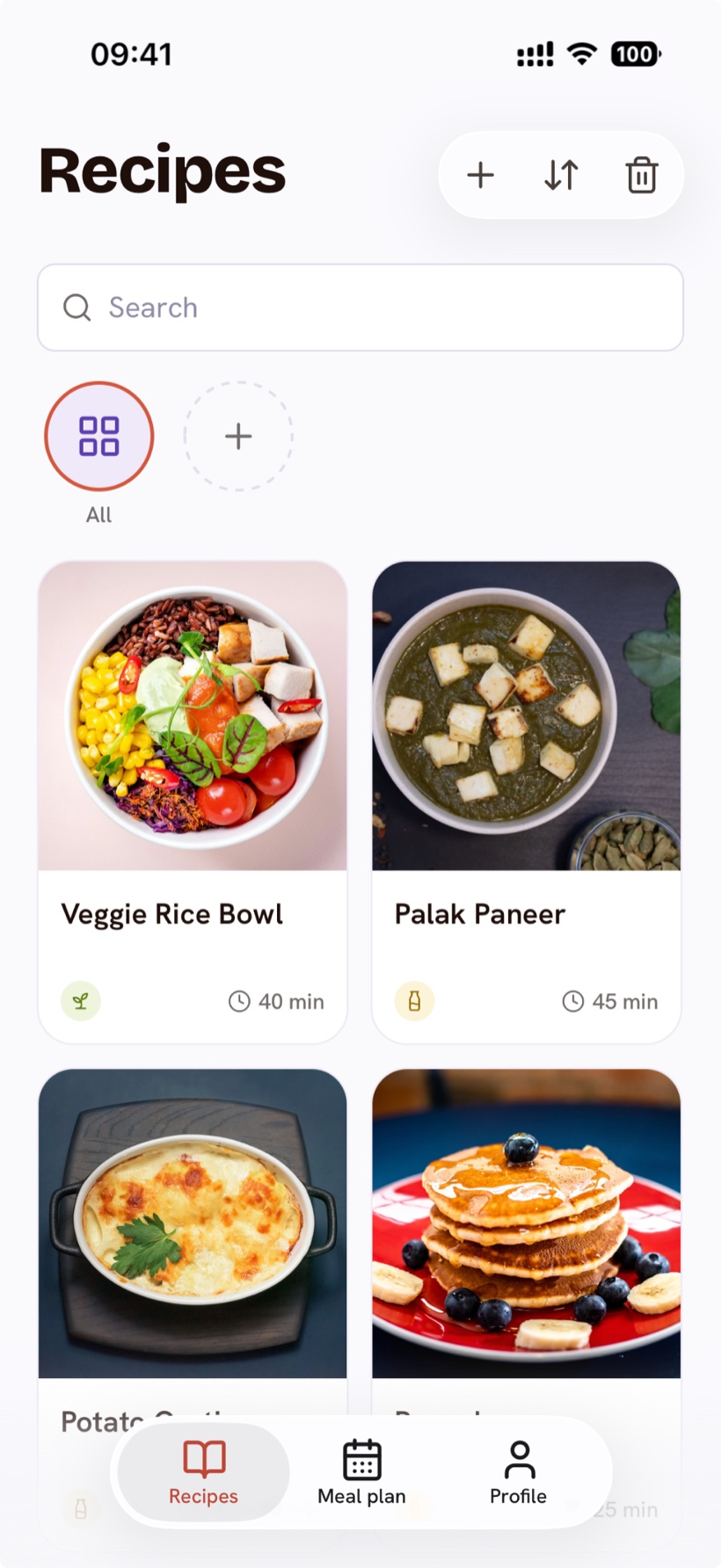 alimonia app: the recipes view with recipe tiles, folders and search